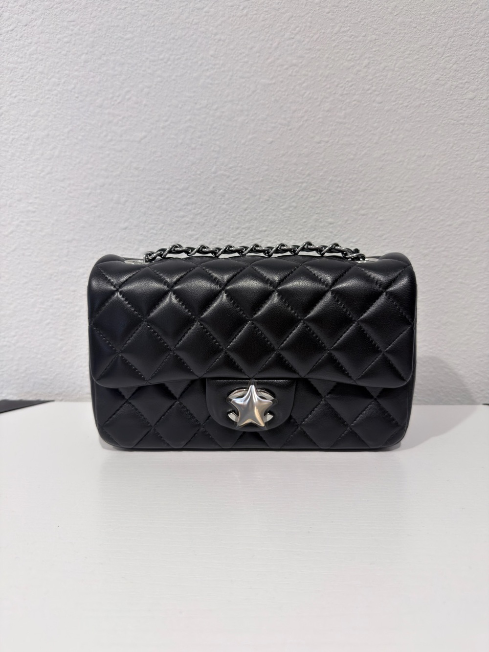 Black Quilted Chain Shoulder Bag with Silver Turn-Lock